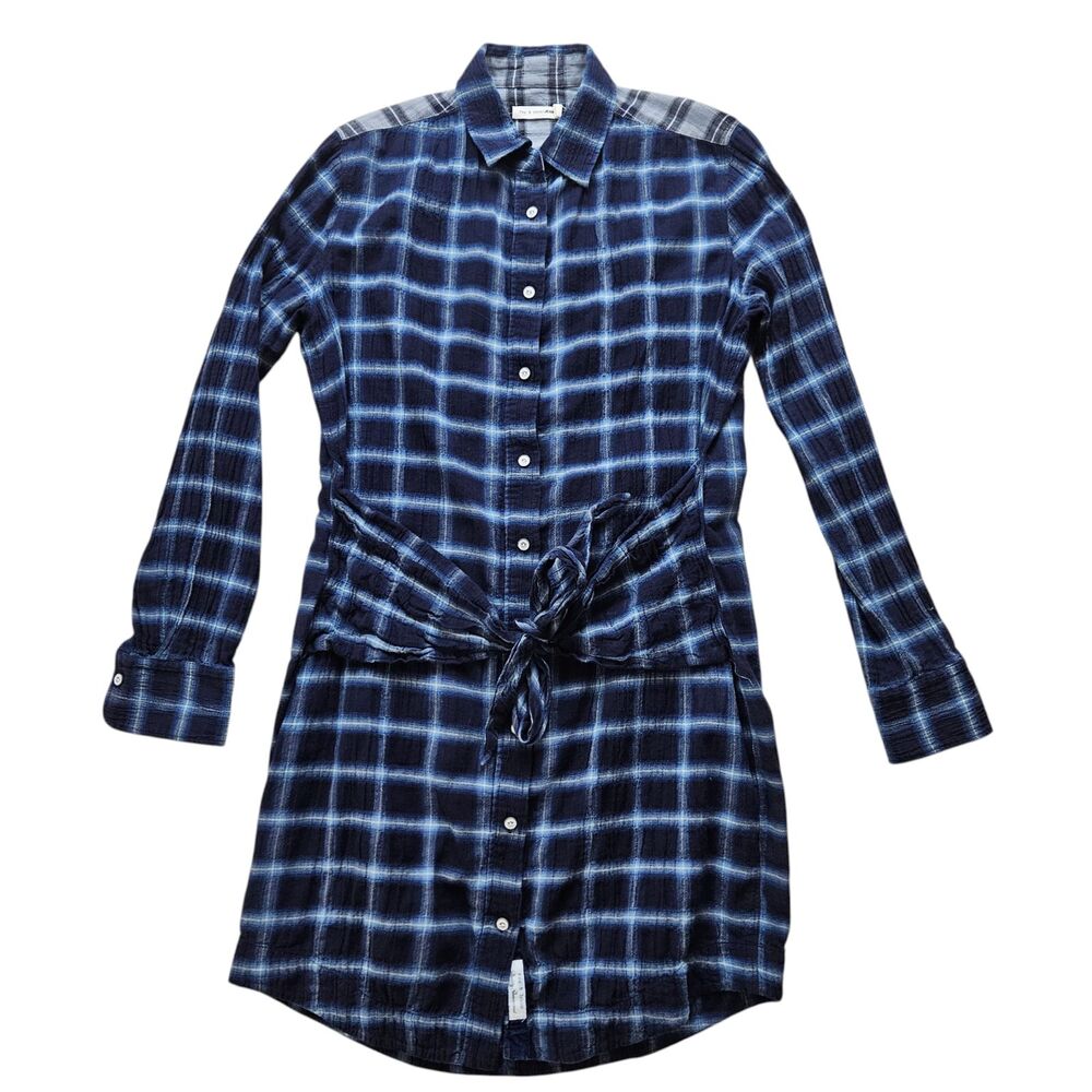 Rag & Bone Jean Sadie Plaid Shirt Dress Womens Small Blue Flannel Tie Front - Picture 3 of 9